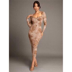 Pattern Printed Lace Mesh Large Square Neck Long Sleeve Women's Long Dress